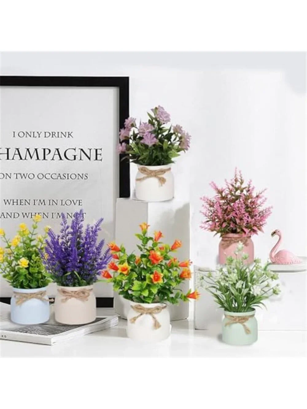 Artificial Potted Flowers Faux Plants Mini Home Office Shelf Decor 6 Piece Set